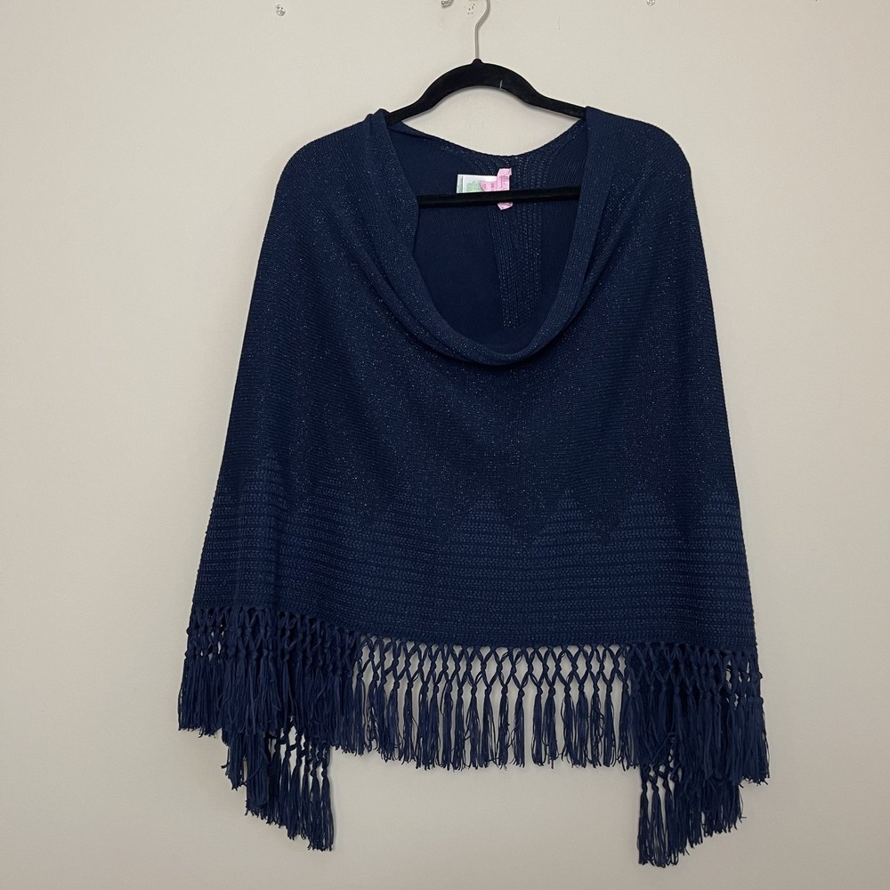 Lilly Pulitzer Navy Fringe Preppy Coastal Cape Resort Pancho Sweater One Size